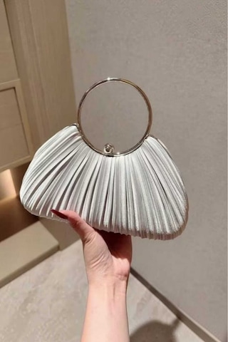 Famels Gümüş Saten Yeni Model Pliseli Abiye Çanta Kol/el Çantası İnci Taşlı Abiye Şık Çanta Gümüş Kasa Gri Saten