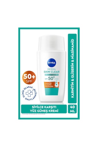 Spf50 Derma Skin Clear Sivilce Karşıtı Yüz Kremi 40 Ml, Matlaştırıcı, Karnitin, Gliserin,niasinamid