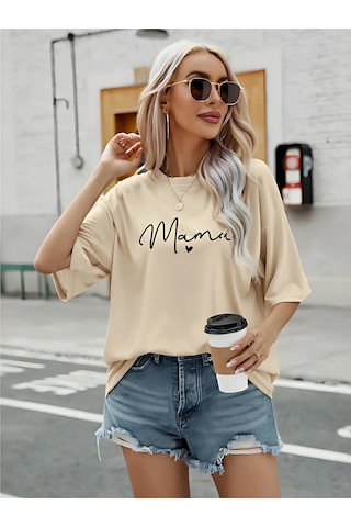 Mama Kalp T-shirt - Bej Baskılı Oversize Bisiklet Yaka Kısa Kol Tişört Bej