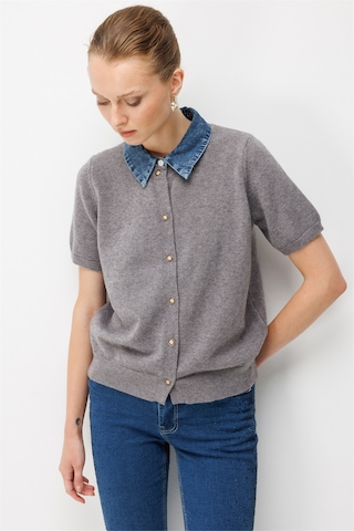 On Kadın Denim Detaylı Kısa Kollu Triko Hırka 10509 Gri