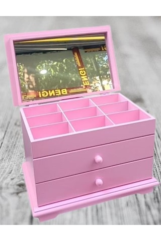 Takı Şifonyer 90390 Makyaj Kutu 2çekmece Aynalı Parlak Pembe Ahşap Mdf El Yapım