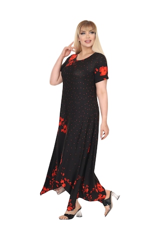 Melsay Butik Kırmızı Puanlı Gelincik Desen Asimetrik Kısa Kollu Elbise Siyah