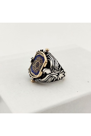 925 Ayar Gümüş Mavi Mineli Çift Taraflı Mührü Süleyman Erkek Yüzük Silver
