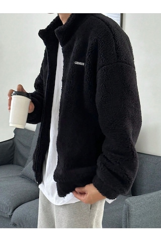 Oversize Tam Fermuarlı Kuzu Sweatshirt İçi Polarlı Sherpa Kumaş Sweatshirt Siyah