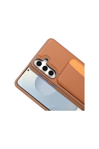 Samsung Uyumlu Galaxy S25 Fe Kartlıklı Süni Deri X kart Cüzdan Silikon Kapak Kahverengi