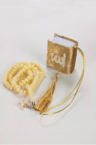 Kadife Kaplı Mini Kuran Kutulu - Tesbihli - Pleksili - Gold