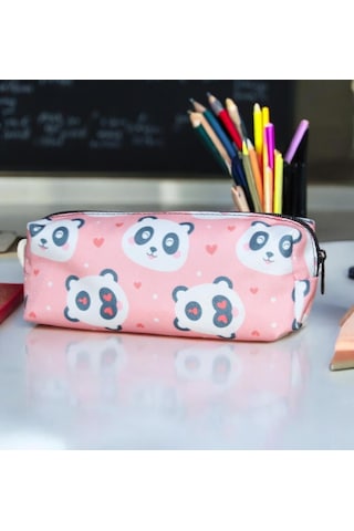 Pembe Panda Desenli Tatlı Kalemlik - Okul Kalemliği-makyaj Çantası