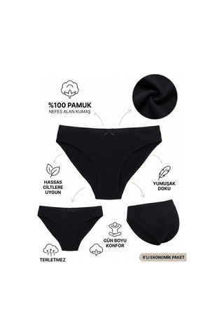 Hepsine Rakip 6'lı Tutku Kadın Pamuklu Fiyonklu İnce Bel Bikini Külot Seti Siyah