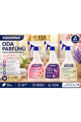 Powermax Oda Parfümü 3'lü Set 600 Ml X 3 Sprey Oda Kokusu Çiçek Tazeliği - Yıldızın Rüyası - Beyaz Sabun Kokulu Toplam 1800 Ml Diğer