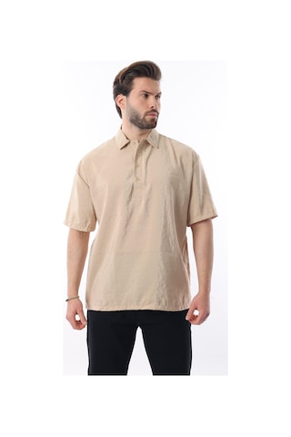 Madmext Bej Oversize Rahat Kesim Kısa Kollu Gömlek 6744