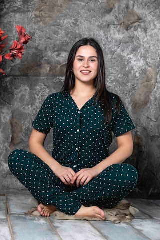 Lukitus Gömlek Yaka Milan Kumaş Kısa Kol Pijama Takımı Yeşil