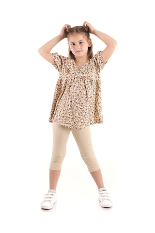 Ahengim Kız Çocuk Takım Vizkon Bluzlu Taytlı Alt Üst Takım Pamuklu Ak2521 Bej