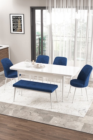 Canisa Concept Zen Serisi 80x132 Mdf Açılabilir Beyaz Masa Takımı 4 Lacivert Sandalye Ve 1 Bench Masa Beyaz Sandalye Ve Bench Lacivert