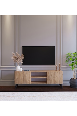 Ahşap Görünümlü Mdf 2 Kapaklı Raflı Tv Ünitesi