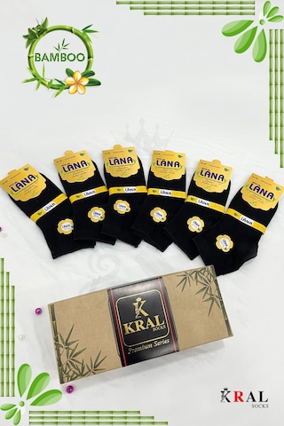 Kral Socks Kadın Bambu Çorap 6 Çift Renkli Hediye Kutulu Patik Kadın Çorap Siyah