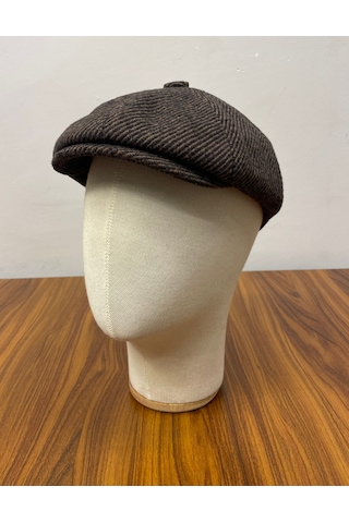Hamze Peaky Blinders Model İngiliz Tarz Kaşe Kumaş Çizgili Kasket Şapka Kahverengi