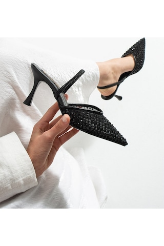 Lebibe Shoes Mına Kadın Siyah File Taşlı 7 Cm Topuklu Slingback Sivri Burun Abiye Ayakkabı