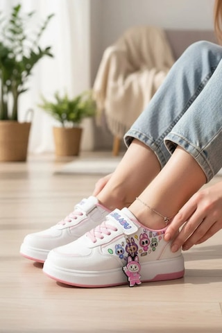 Zacoz Labubu Baskılı Simli Kız Çocuk Spor Ayakkabısı, Sneaker Beyaz Pembe