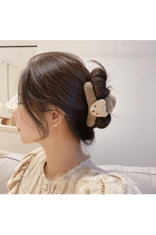 Kadın Çift Taraflı Ayıcık Peluş Mandal Toka 12 Cm Karamel