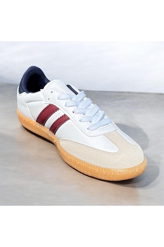 Kadın Spor Ayakkabı Beyaz Sneaker Bordo Çizgili Günlük Rahat Kaymaz Taban Bağcıklı