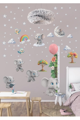Fil Temalı Boy Ölçerli Duvar Sticker Seti - Çocuk Odası Duvar Dekoru, Mat Pvc, Sökülebilir, Boy Ölçer