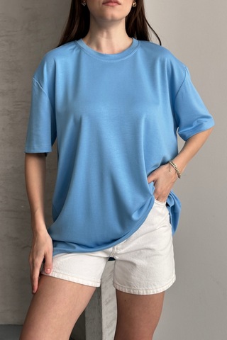 Balenbi Kadın Modal Bisiklet Yaka Basic Yarım Kollu T-shirt 1211 Mavi