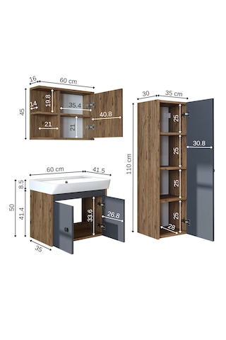 Ada Lavabolu Banyo Alt Dolabı + Banyo Üst Dolabı + Boy Dolabı Atlantik - Antrasit