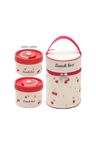 Moveevo 1050ml Çelik Isı Saklama Yemek Kutusu, Çift Katlı Öğrenci Bento, Kiraz Desenli, Isı Yelpazesi Ve Besteği İle 440ml+600ml Beyaz - Kırmızı