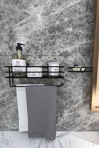 Corelle Kitchen Yapışkanlı Banyo Rafı Kağıt Havlu Tutacağı Ve Metal Sabunluk Set Düzenleyici Siyah