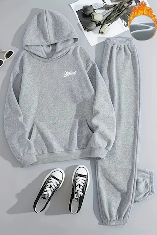 Unisex Believe Minimal Baskılı Kapüşonlu Gri Eşofman Takımı - Kışlık Şardonlu Kumaş Gri