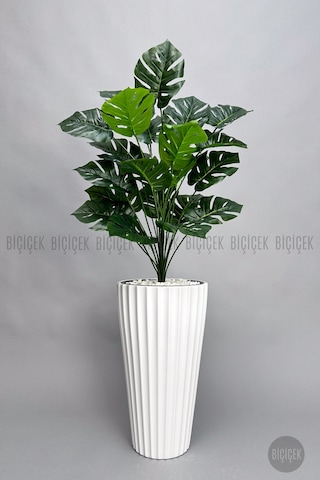 Biçiçek Yapay Monstera Deve Tabani Bi̇tki̇si 130 Cm Beyaz Li̇lyum Saksıda