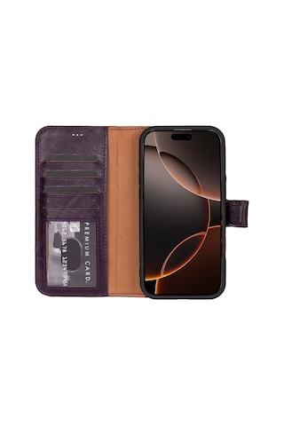 Bloomcase Apple Uyumlu iPhone 16 Pro Max Burgundy Hakiki Deri Cüzdanlı Telefon Kılıfı Mor