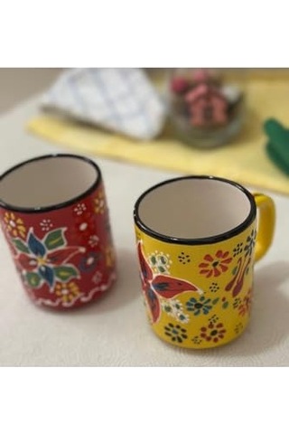 Çini El İşlemeli Seramik Dantel Desen 2li Sarı/kırmızı Kupa Bardak Diğer