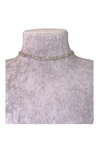 Kırmızı Sanat Evi Full Taşlı Üç Sıra Parlak Choker Kolye ve Küpe Seti Gümüş