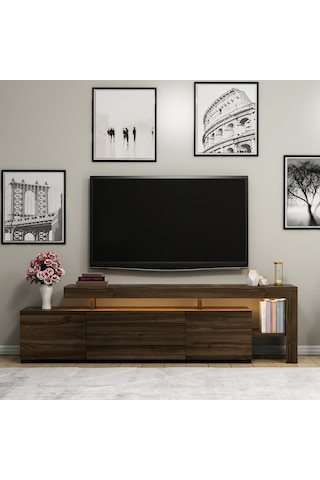 Beliz Modern LED Işıklı 3 Kapaklı, Raflı TV Sehpası – 192 cm, Ceviz