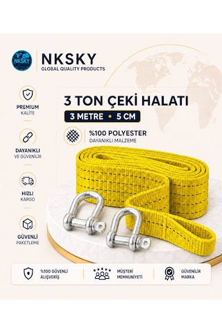 Nksky 3 Ton Araç Çekme Halatı 3 Metre 5 Cm Genişlik Güçlendirilmiş Uçlu Oto Çeki Halatı