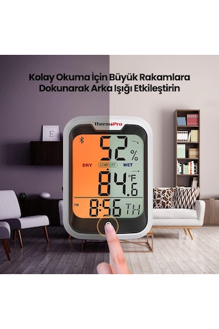 ThermoPro TP358 Telefon Kontrollü, Saatli, Takvimli, İç Mekan Sıcaklık ve Nem Ölçer Termometre