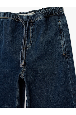 Koton Pamuklu Beli Bağcıklı Geniş Paça Denim Pantolon Koyu İndigo 6skg40033ad Koyu Indigo