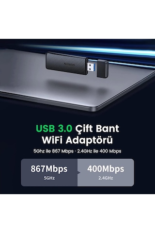 Ugreen AC1300 USB 3.0 1300Mbps 2.4/5Ghz Wi-Fi Kablosuz Alıcı Ağ Adaptörü