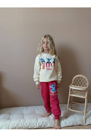 Kız Çocuk Stitch 3 İplik Şardonlu Takım Ekru