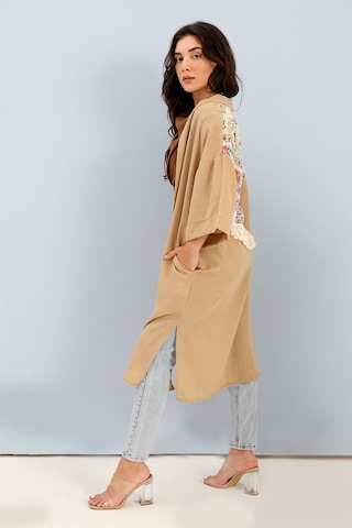 Wpr Kimono Arkası Baskılı Püsküllü Keten - Vizon-vizon Vizon