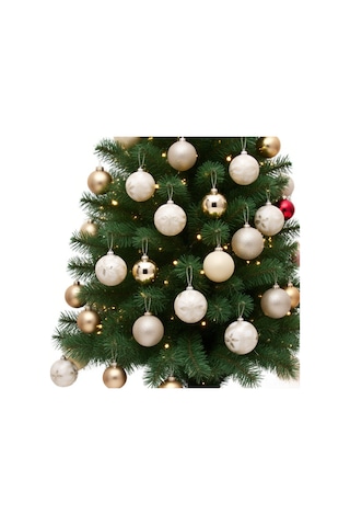 Vkemall 25 Adet 6cm Boyalı Noel Topu Seti - Noel Ağacı Süsleri, Şampanya Altın + Beyaz Renkli, Festivite Atmosferi Oluşturucu