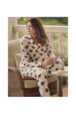 Pemilo Kadın 8240 Kaskorse Uzun Kol Düğmeli Pijama Takımı Beyaz