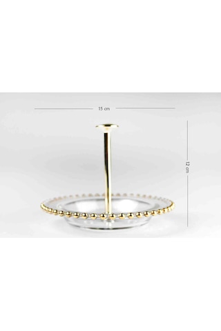 Altın Yaldız Detaylı Cam Sunumluk Servis Tabağı Etajerli 15 Cm