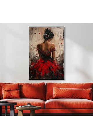 Yağlı Boya Dokulu Tablo Modern Kırmızı Elbiseli Sırtı Dönük Kadın Siyah Çerçeveli U05009-178961