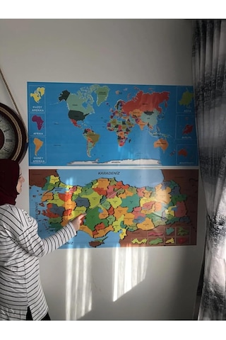 Dekoratif Tablo Eğitici Türkiye Ve Dünya Haritası Set Çocuk Duvar Yazı Tahtası Kağıt Tahta 118x56 Cm Diğer