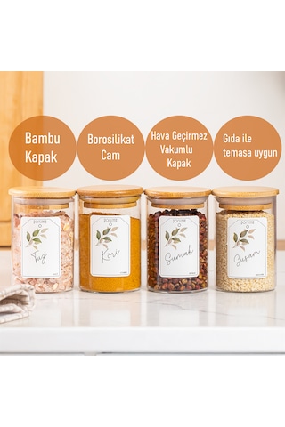 Porsima 3179 Vakumlu Bambu Kapaklı Cam Baharatlık Seti 12 Parça Şeffaf