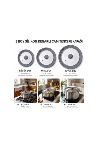 Lexroo Silikon Kenarlı Cam Tencere Kapağı Orta Boy, 22/24/26 Cm Tencerelerle Uyumlu Şeffaf