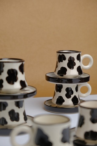 6 Lı Takım El Yapımı İnekli Kazan Seramik Kahve Fincanı, Kahve Fincanı Beyaz