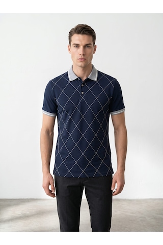Giyim Dünyası Erkek Baklava Desenli Polo Yaka Tshirt Lacivert